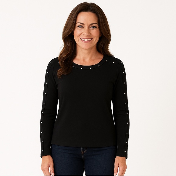 Karen Scott’ Black Long Sleeve Top Size L – Studded Neckline & Sleeve Detail - Picture 12 of 15